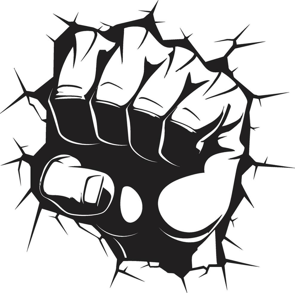 Powerful Breakthrough Black Fist and Wall Icon in Vector Epic Cartoon Art Punching Fist and Broken Wall