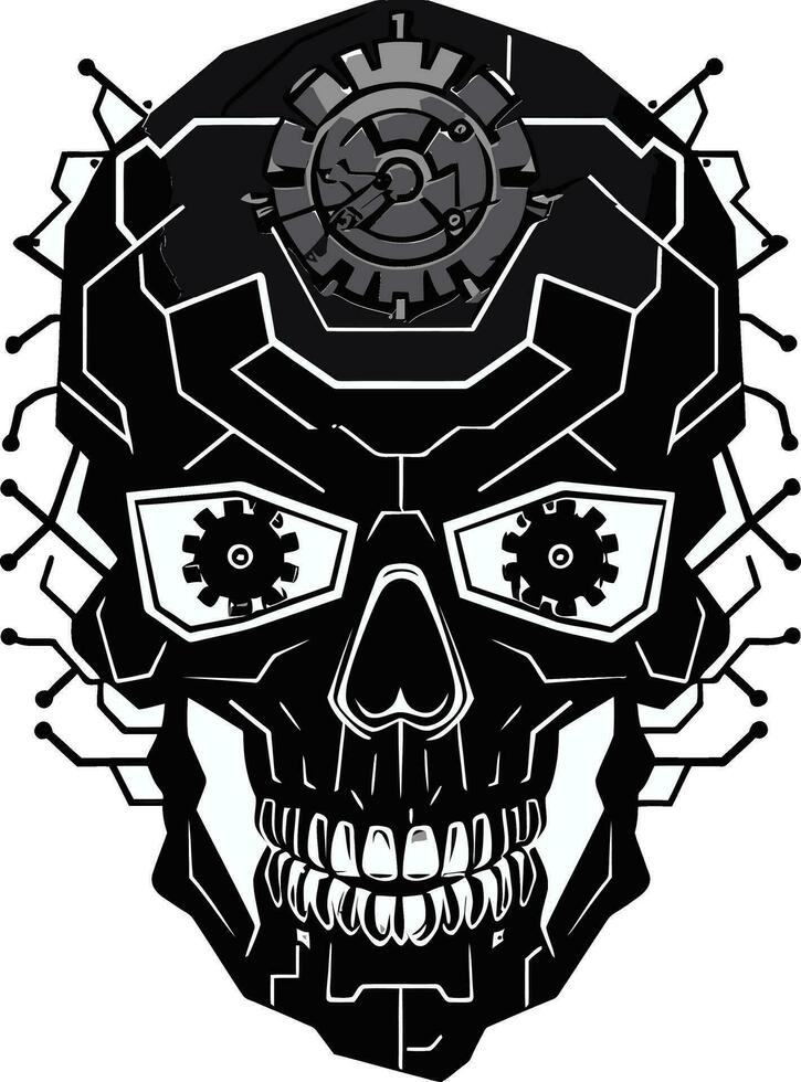 Monochromatic Skull Icon Where Cogs and Circuits Conspire Elegant Tech Symbol The Marriage of Art and Innovation vector