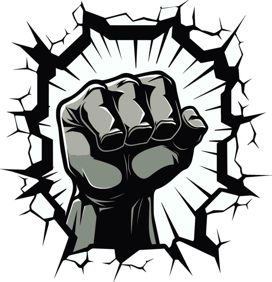 Exquisite Force Art Fist and Wall in Black Vector Cartoon Heroics Black Logo with Punching Fist