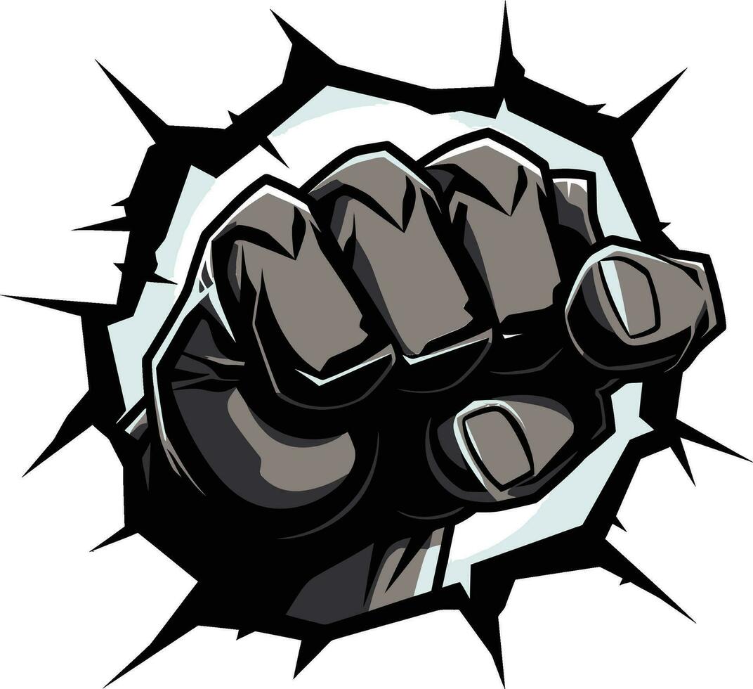 Cartoon Heroics Black Logo with Punching Fist Impactful Expression Vector Icon in Black