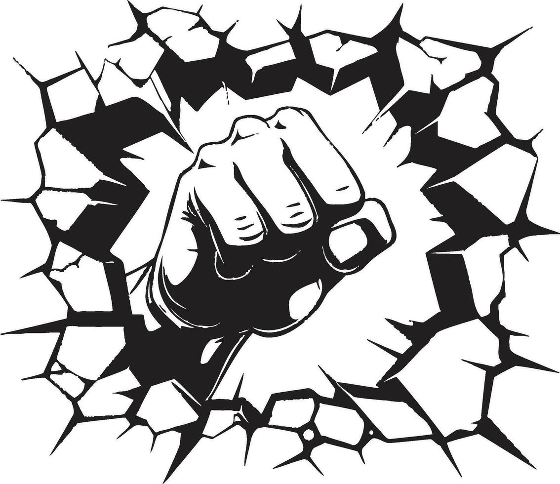 Vector Punch Fist Breaking Through the Wall Icon Impactful Power Black Logo Design with Fist and Wall