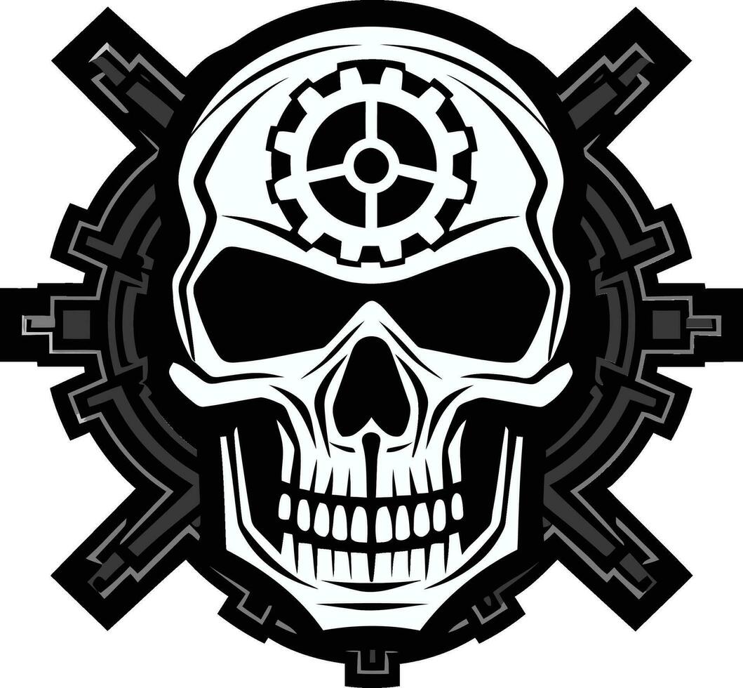 Monochromatic Tech Skull Majesty The Robotic Renaissance Elegant Cyber Emblem A Portrait of Modern Innovation vector