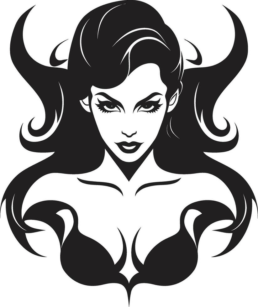 Sultry Seduction Black Logo with Beautiful Demon Iconic Devilish Charm Enchanting Demon Emblem vector