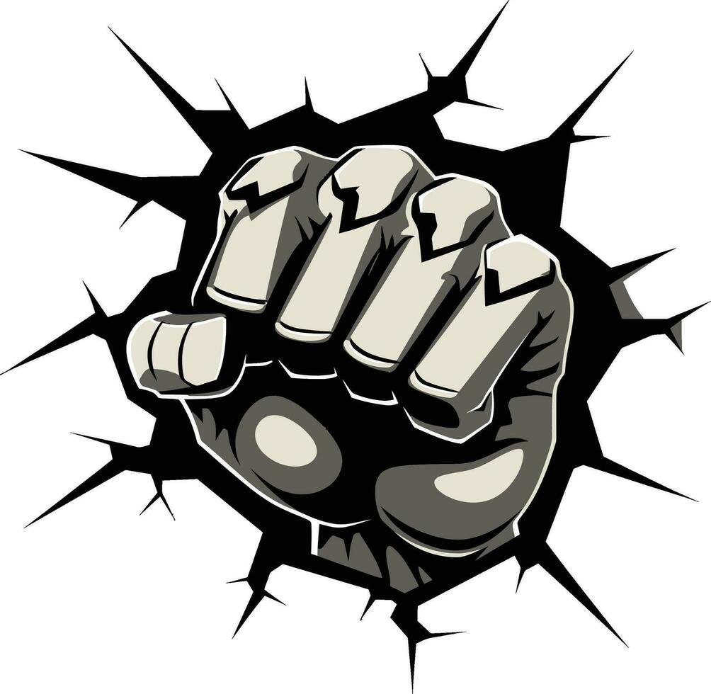 Shattered Wall Strength Black Logo with Cartoon Fist Exquisite Force Art Fist and Wall in Black Vector