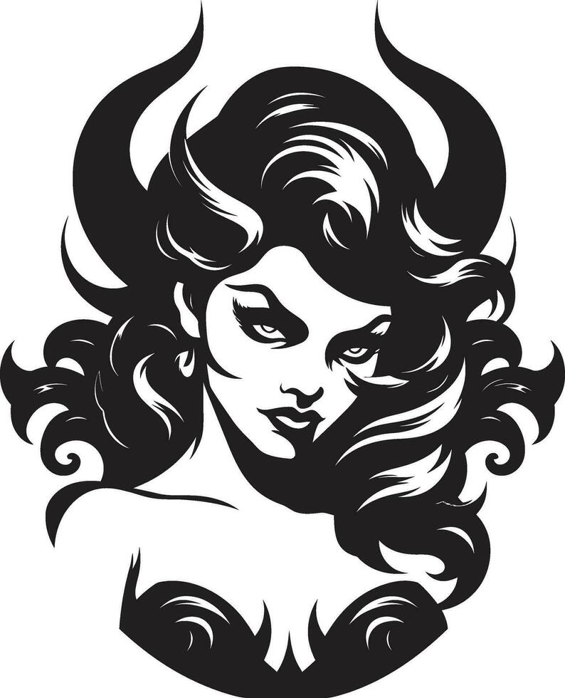 sensual tentadora desvelado hermosa hembra demonio negro tentación diabólico logo diseño con seductor belleza vector