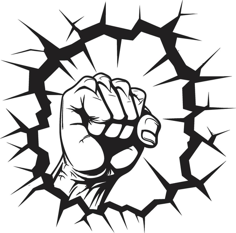 Mighty Momentum Vector Icon in Black Epic Black Logo Cartoon Punching Fist through Cracked Wall