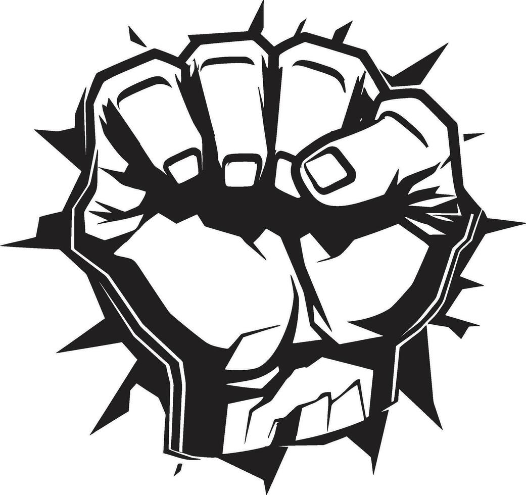 Mighty Impact Black Fist and Wall Logo Vector Icon Punching Through Cartoon Fist and Cracked Wall Emblem