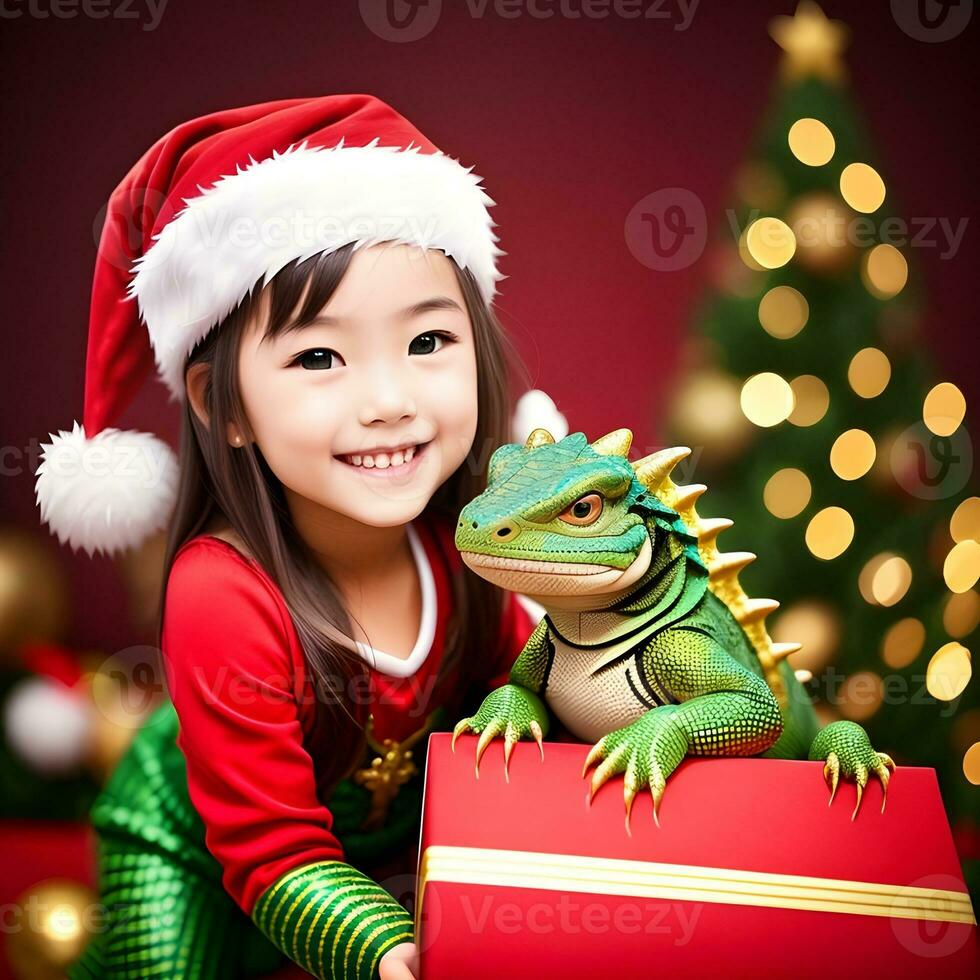 Generative AI fantasies on the theme of the Chinese calendar. Dragon symbol of 2024 and a girl in a Santa Claus hat. photo