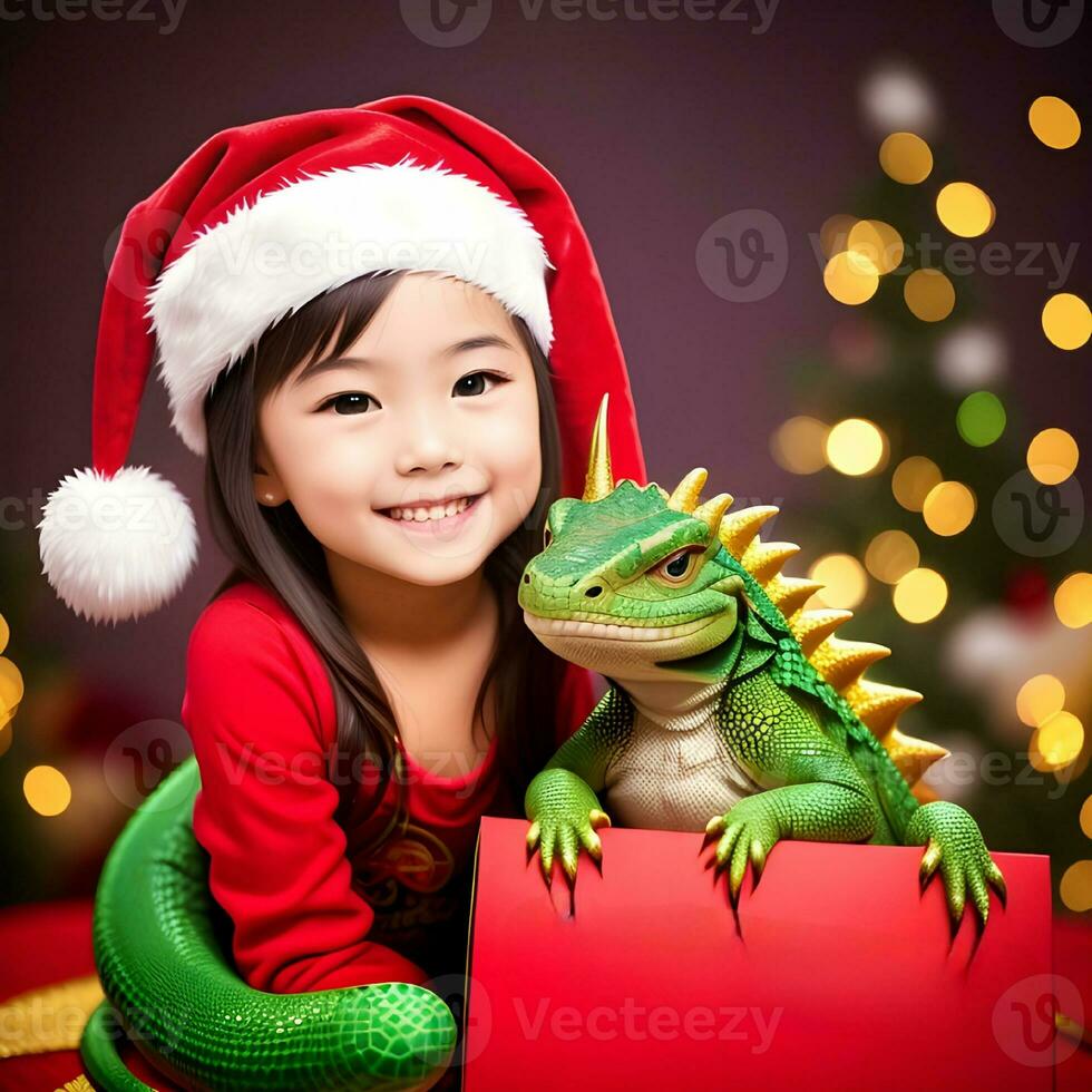 Generative AI fantasies on the theme of the Chinese calendar. Dragon symbol of 2024 and a girl in a Santa Claus hat. photo