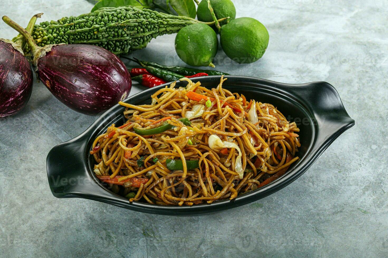 Stir fried noodles with vegetables photo