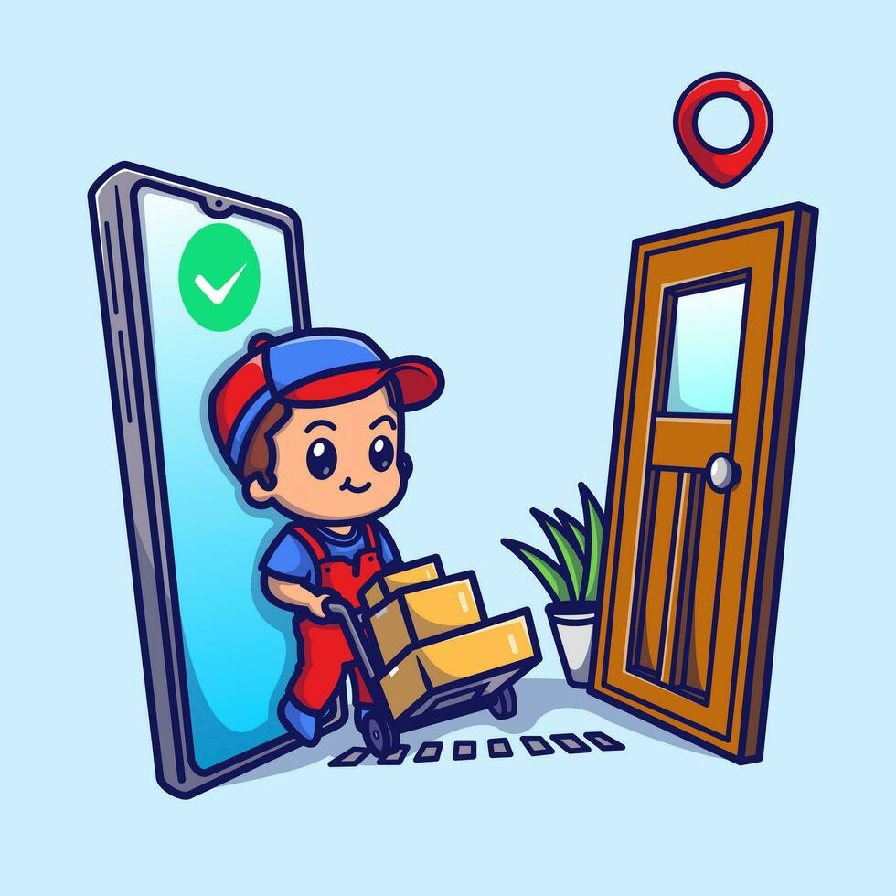 Cute Courier Delivery Package Cartoon Vector Icon Illustration.  People Business Icon Concept Isolated Premium Vector. Flat Cartoon Style