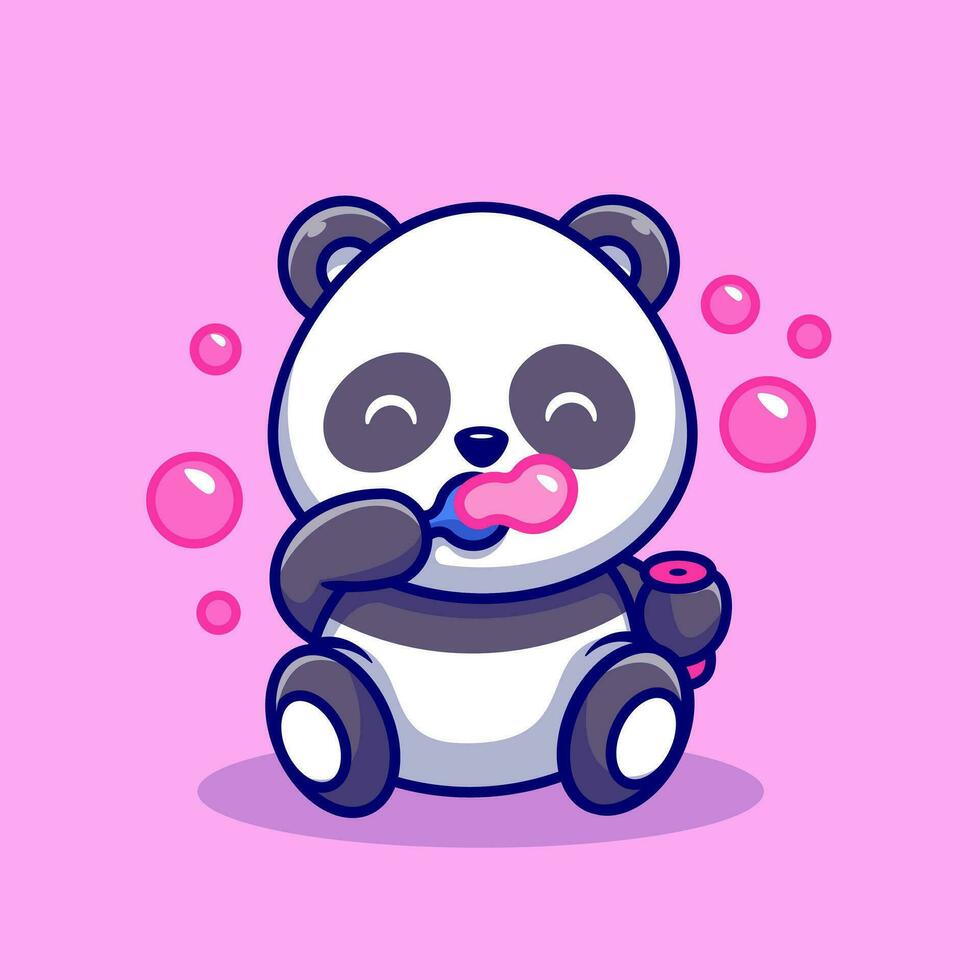 Cute Baby Panda Playing Soap Bubbles Cartoon Vector Icon Illustration. Animal Nature Icon Concept Isolated Premium Vector. Flat Cartoon Style