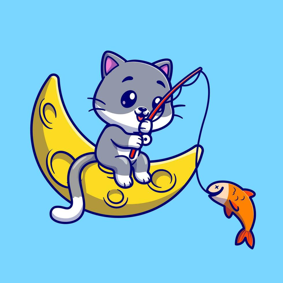 Cute Cat Fishing On Moon Cartoon Vector Icon Illustration. Animal  Nature Icon Concept Isolated Premium Vector. Flat Cartoon Style