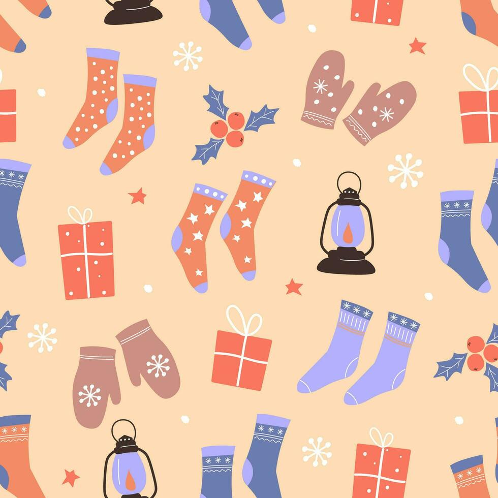 Seamless pattern with holiday gifts, socks, mittens, snowflakes. Winter cozy print. Vector graphics.