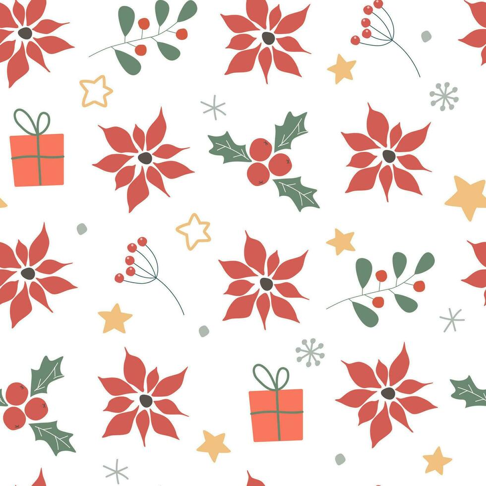 Seamless pattern with winter holiday print of fir branches, poinsettia, gift box, snowflakes and stars. Vector graphic.