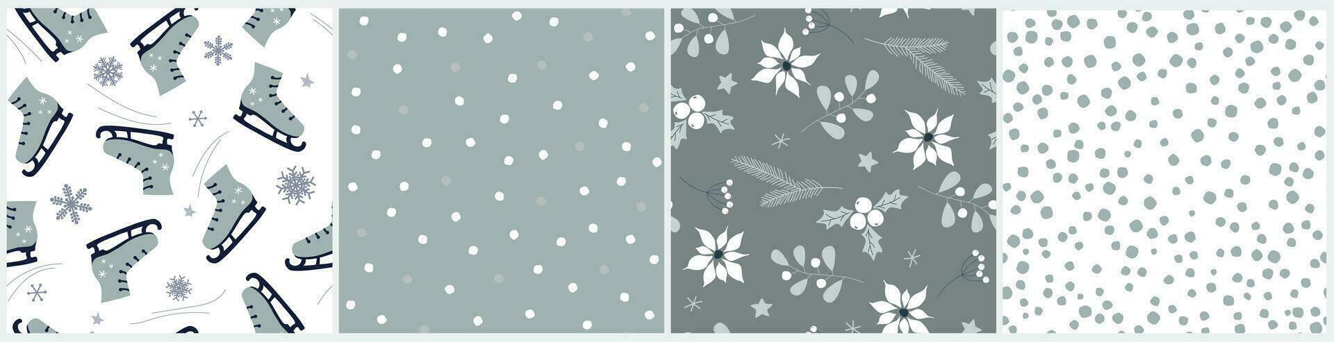 Seamless patterns with winter snowflakes, dots, poinsettia, skates, spruce branches. Festive abstract print. Vector graphics.