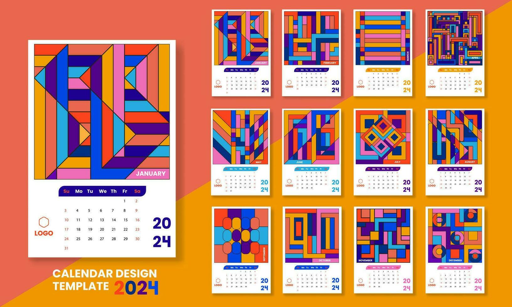 resumen retro calendario para 2024 en vertical a4 formato.plantilla diseño para organizador y planificador en nuevo año.vector ilustración. vector