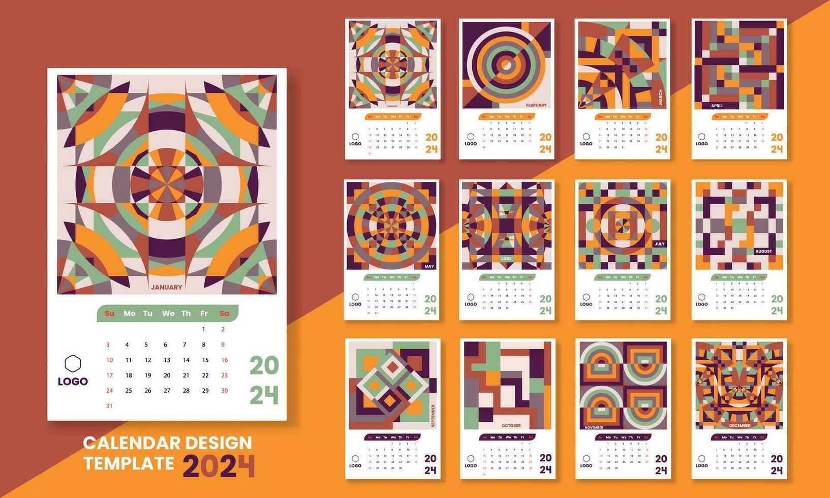 2024 Monthly Wall Calendar with 12 month on geometric background with retro geometric shapes.Template design for organizer and planner in new year.Vector illustration vector