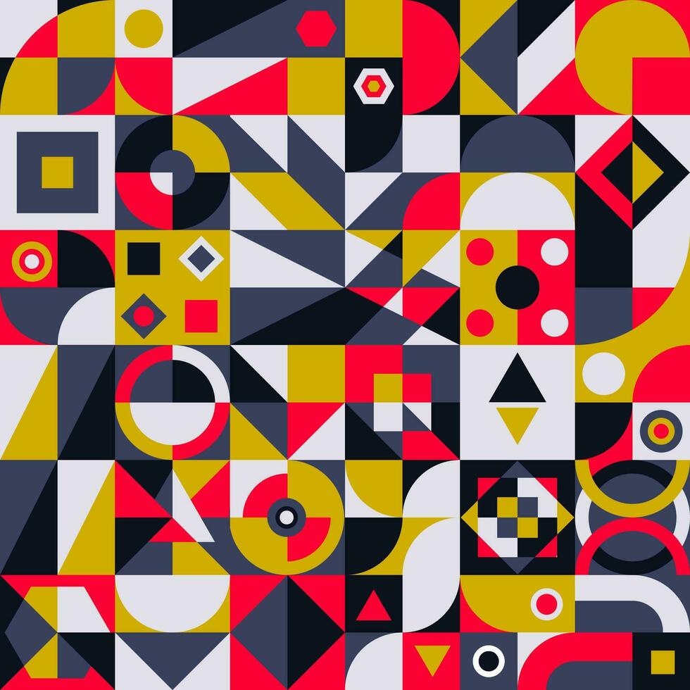 Geometric abstract art inspired by postmodernism.abstract dynamic symbols with bold geometric shapes. useful for web background, poster art design, magazine front page, hi-tech print, cover artwork vector