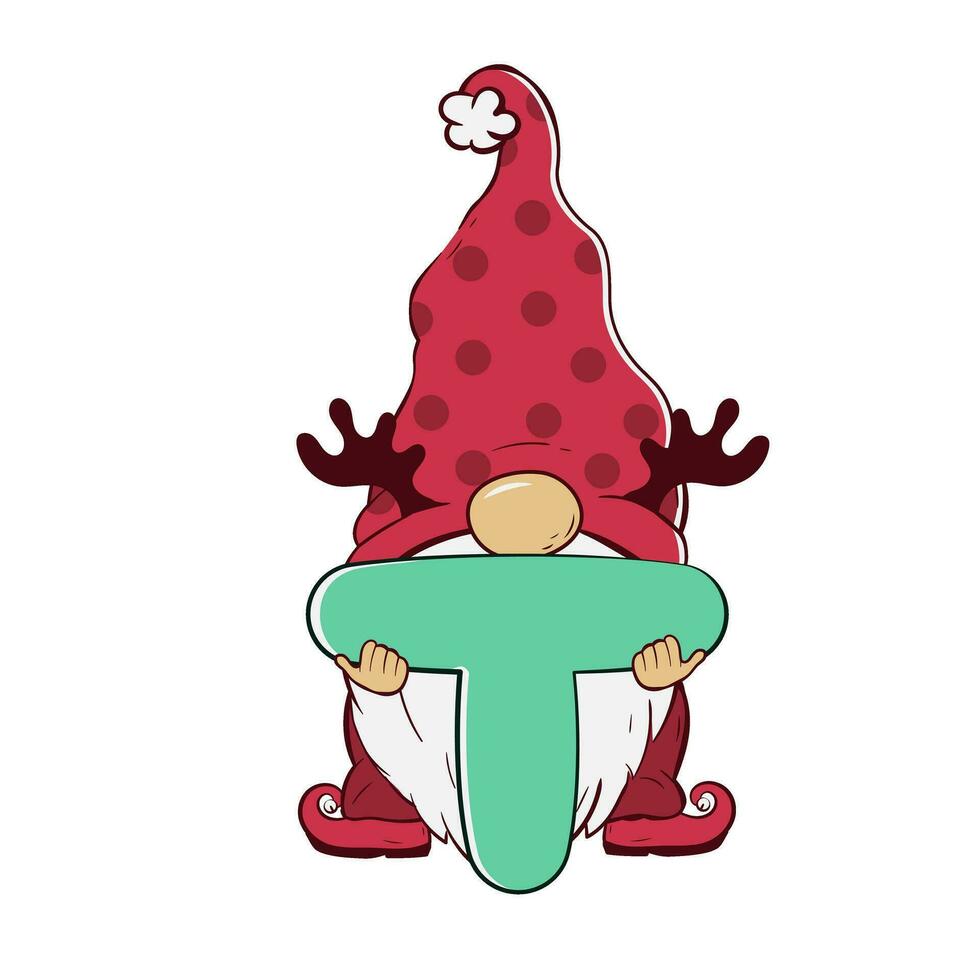 Cute gnome holding a letter t for Christmas and New Year. Vector illustration of cartoon doodle character of dwarf