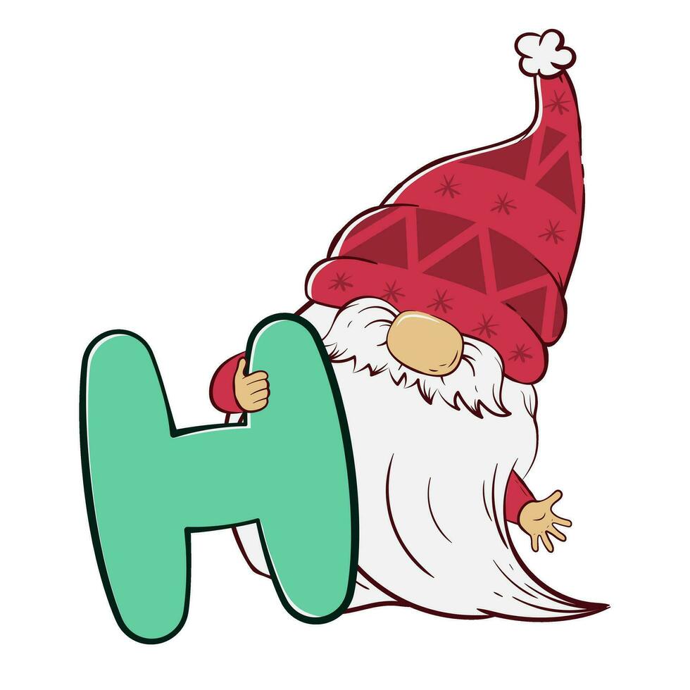Cute gnome holding a letter h for Christmas and New Year. Vector illustration of cartoon doodle character of dwarf