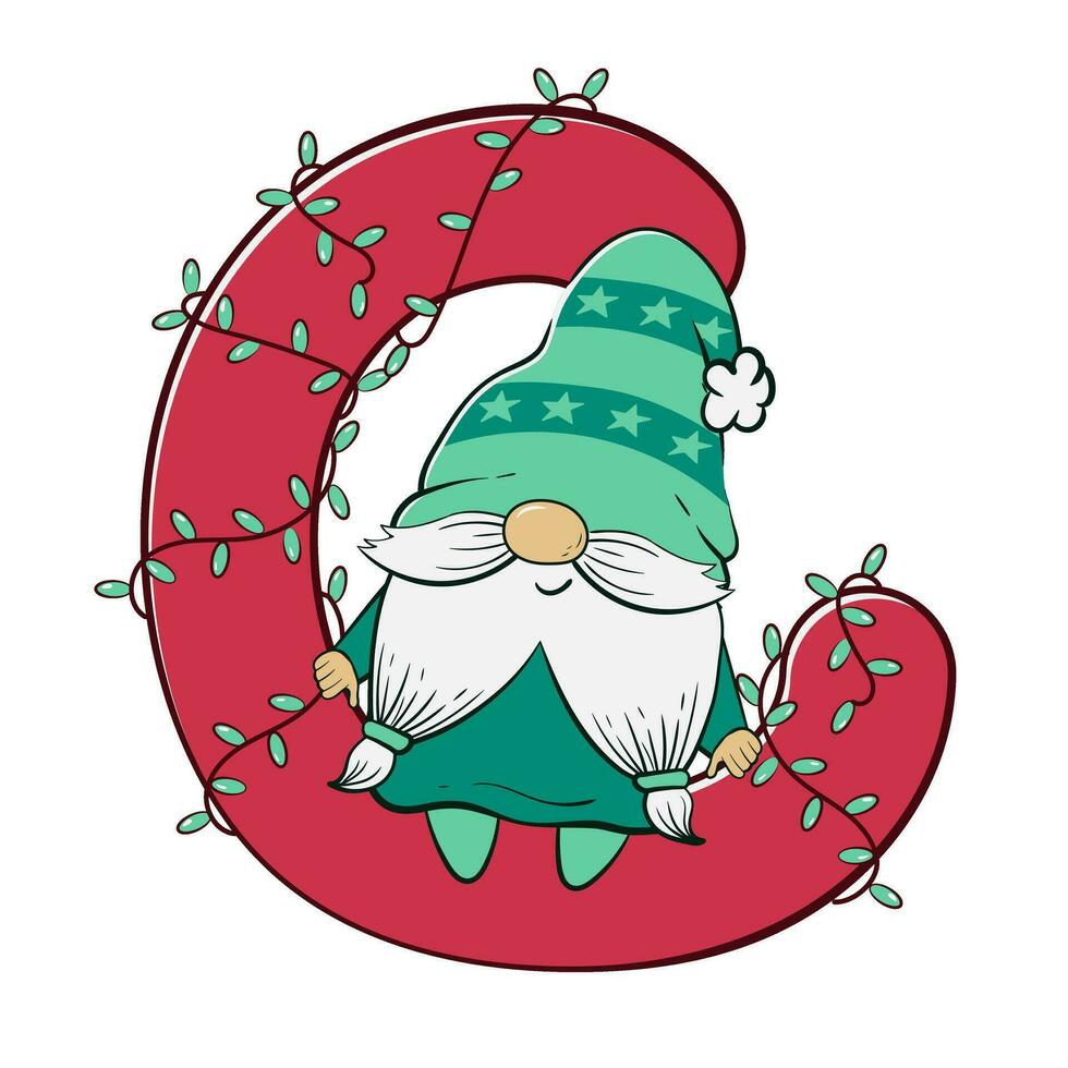 linda gnomo se sienta en el letra C con un guirnalda para Navidad y nuevo año. vector ilustración de dibujos animados garabatear personaje de enano
