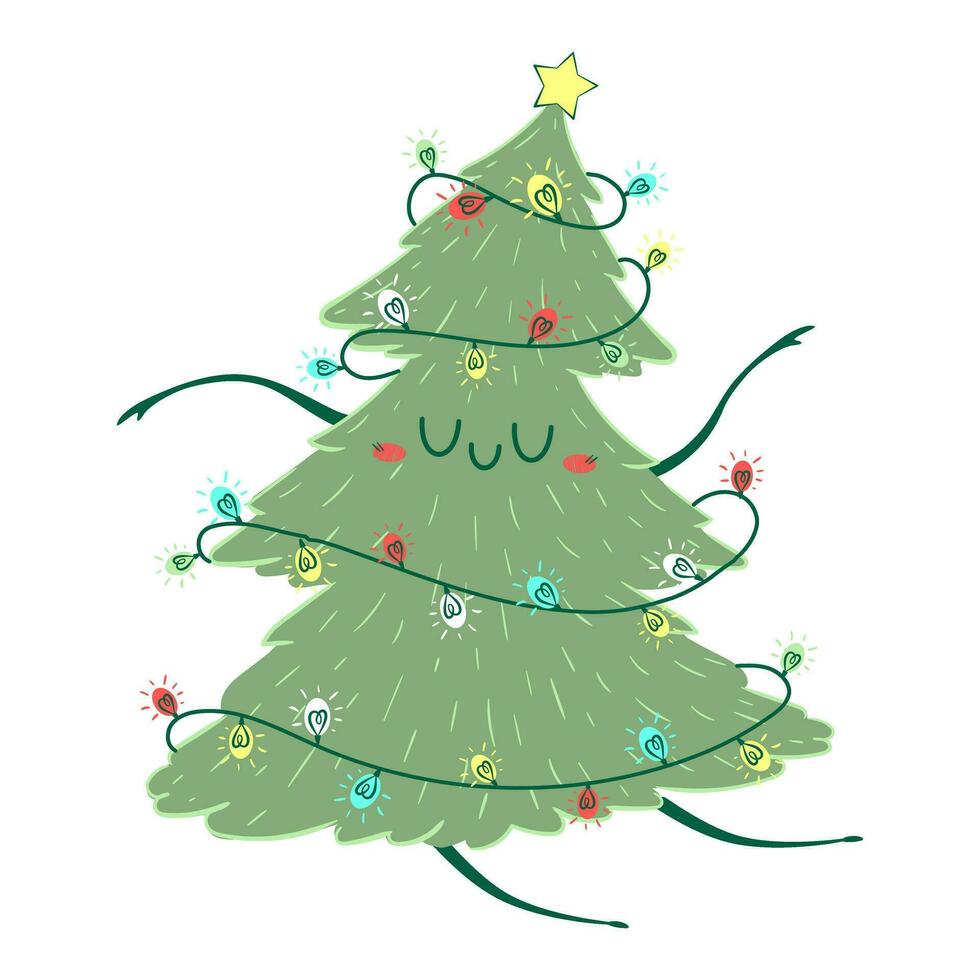 kawaii garabatear Navidad árbol baile. para niños hecho a mano ingenuo estilo. sencillo nuevo año personaje aislado en blanco antecedentes. contento abeto concepto. vector