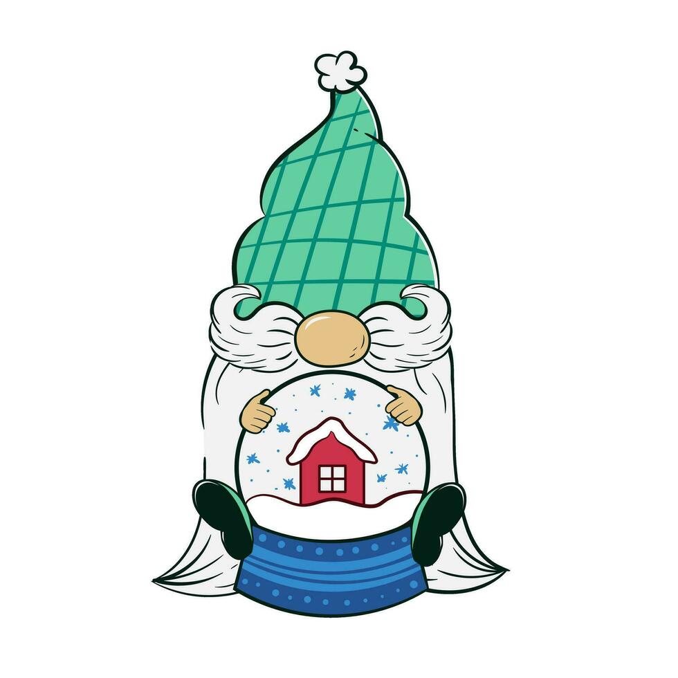 Cute gnome sitting in a Christmas snow globe. Vector illustration of cartoon dwarf character