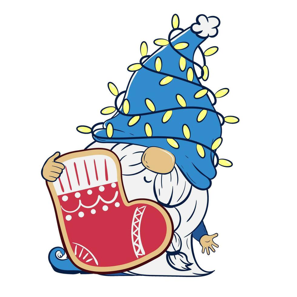 Christmas gnome holding a big gingerbread in the shape of santa's sock for gifts. Vector illustration of cartoon dwarf character