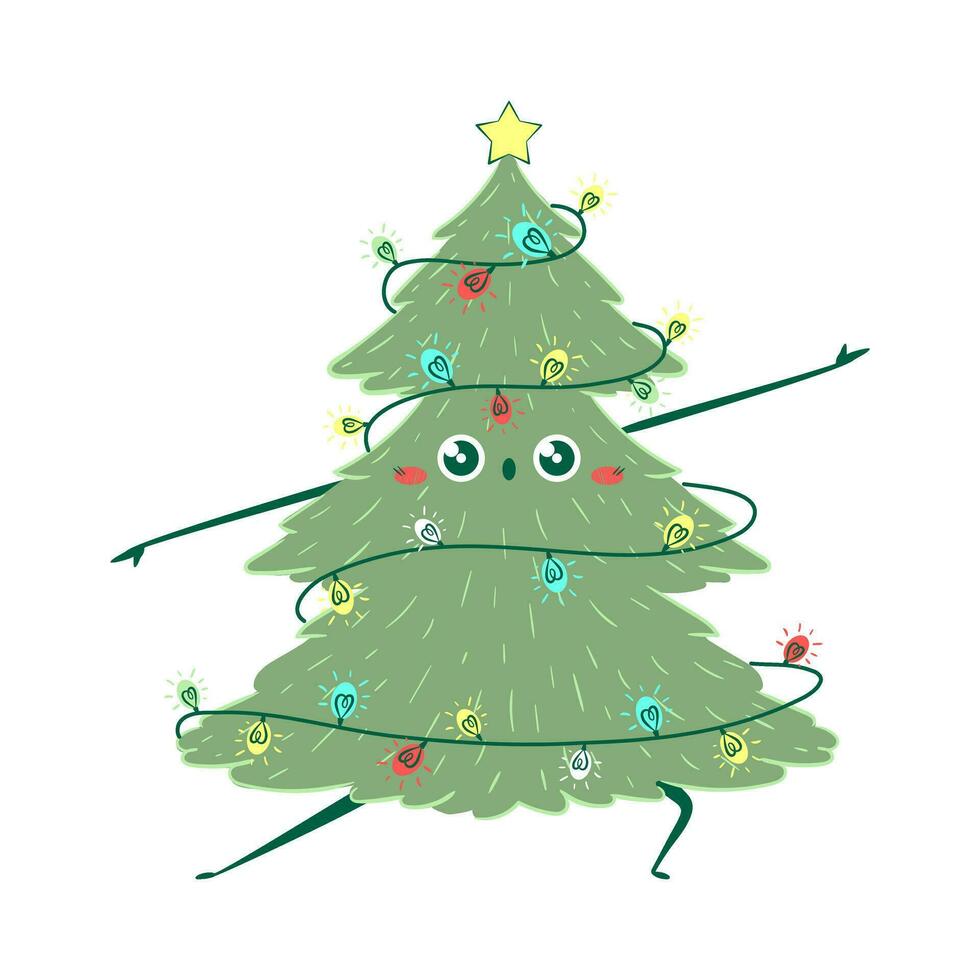 kawaii garabatear Navidad árbol baile. para niños hecho a mano ingenuo estilo. sencillo nuevo año personaje aislado en blanco antecedentes. contento abeto concepto. vector