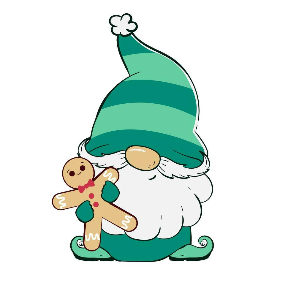 Christmas gnome holds a gingerbread in the shape of a man. Vector illustration of cartoon dwarf character
