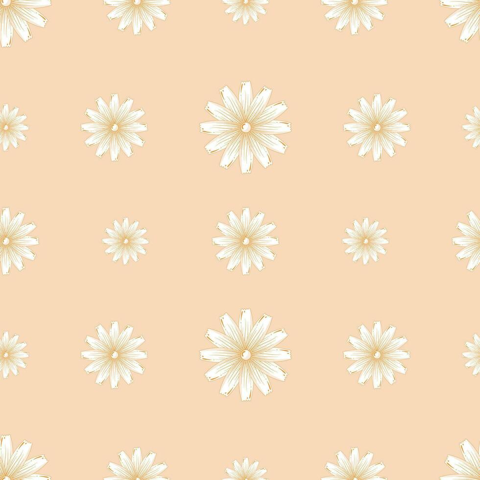 Seamless pattern with yellow contour calendula in flat style isolated on pastel beige background vector