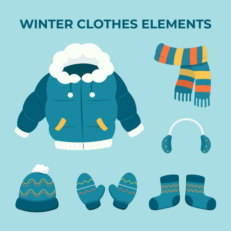 Winter clothes element set. Flat vector illustration.