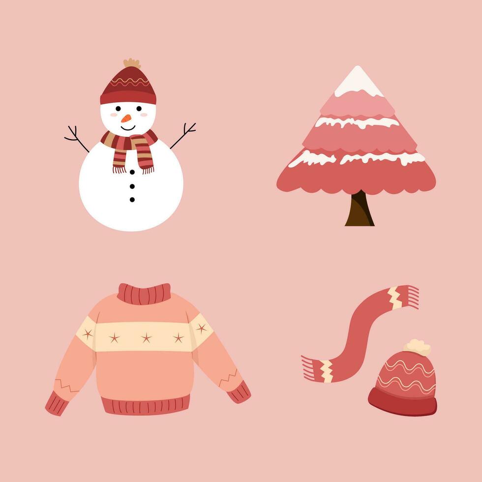 Winter element set for christmast and new year decoration. Snowman for children. Flat vector illustration.