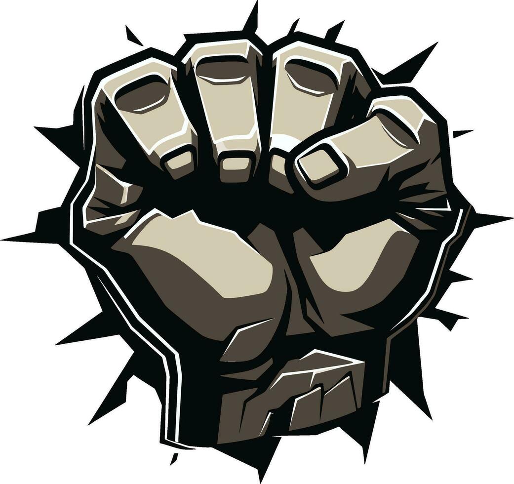 Iconic Force Cartoon Fist through Cracked Wall Mighty Impact Black Fist and Wall Logo Vector Icon