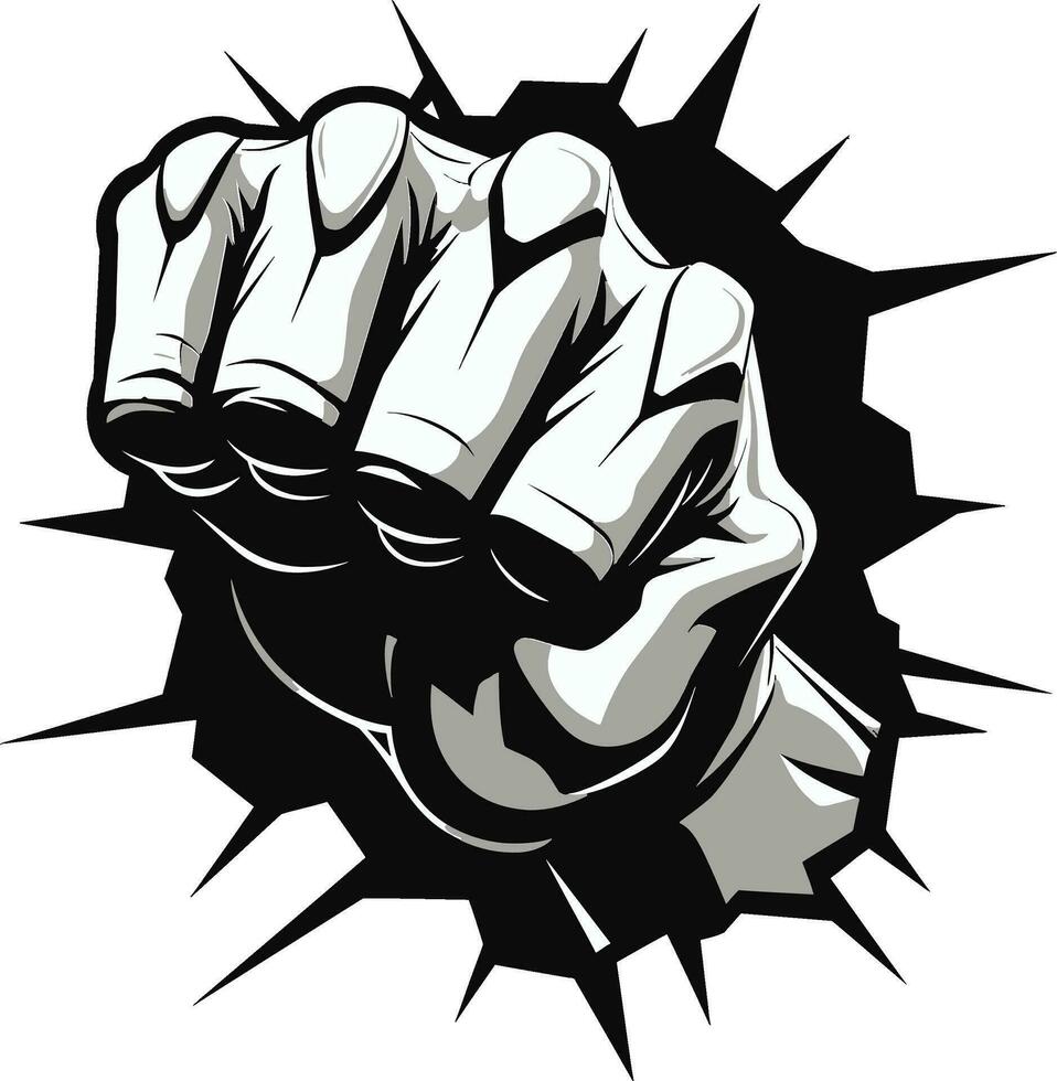 Impactful Power Black Logo Design with Fist and Wall Black and Bold Cartoon Fist Breaking Wall Vector