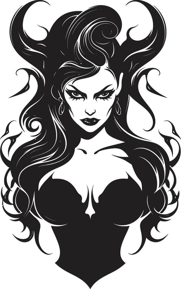 Dark Temptress Unveiled Enigmatic Demon Logo Enchanting Beauty Vector Icon in Black