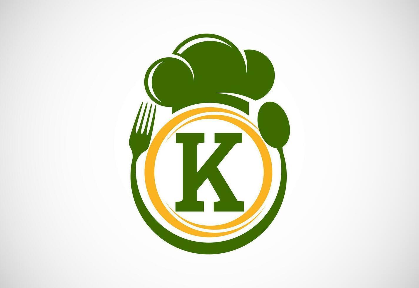 Initial alphabet K with chef hat, spoon and fork. Modern vector logo for cafe, restaurant, cooking business, and company identity