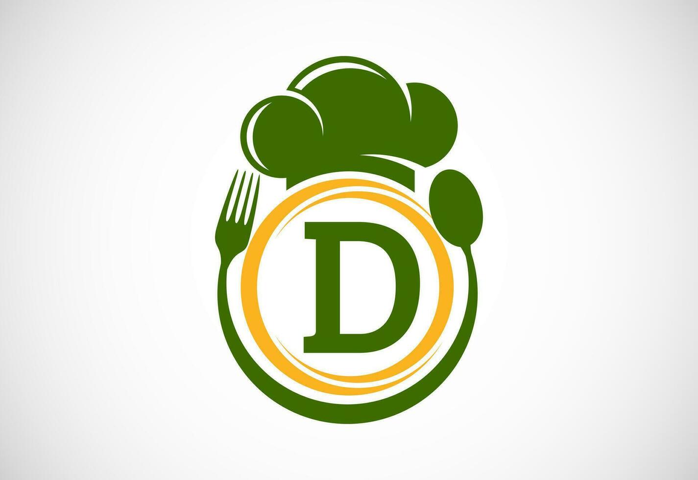 Initial alphabet D with chef hat, spoon and fork. Modern vector logo for cafe, restaurant, cooking business, and company identity