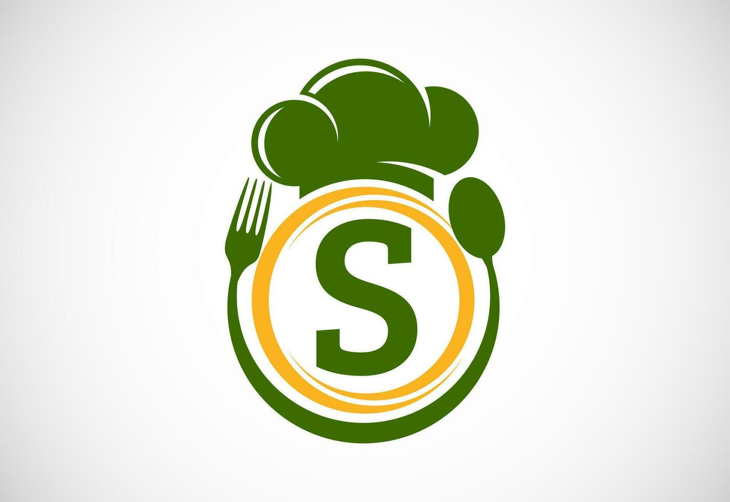Initial alphabet S with chef hat, spoon and fork. Modern vector logo for cafe, restaurant, cooking business, and company identity