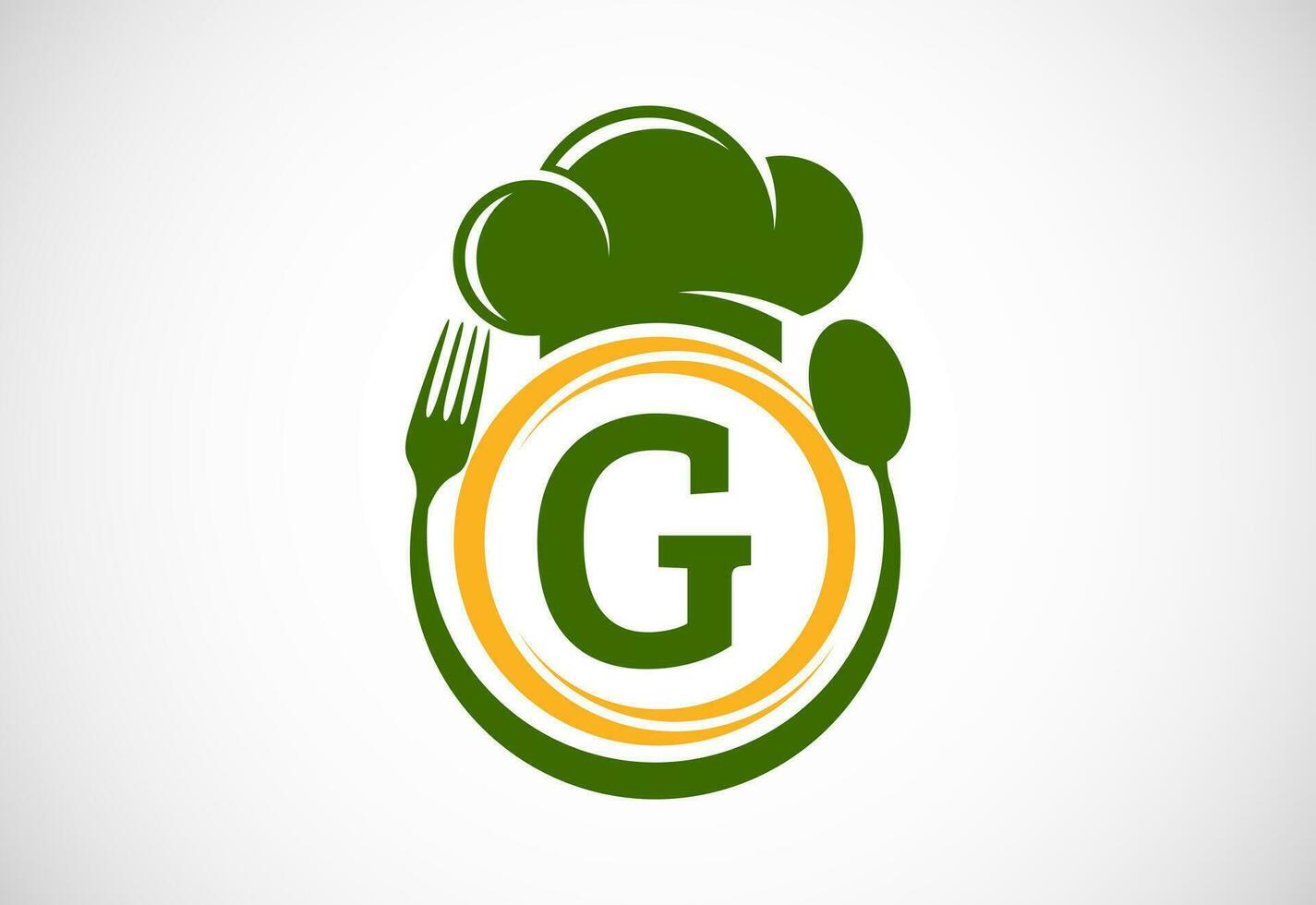 Initial alphabet G with chef hat, spoon and fork. Modern vector logo for cafe, restaurant, cooking business, and company identity