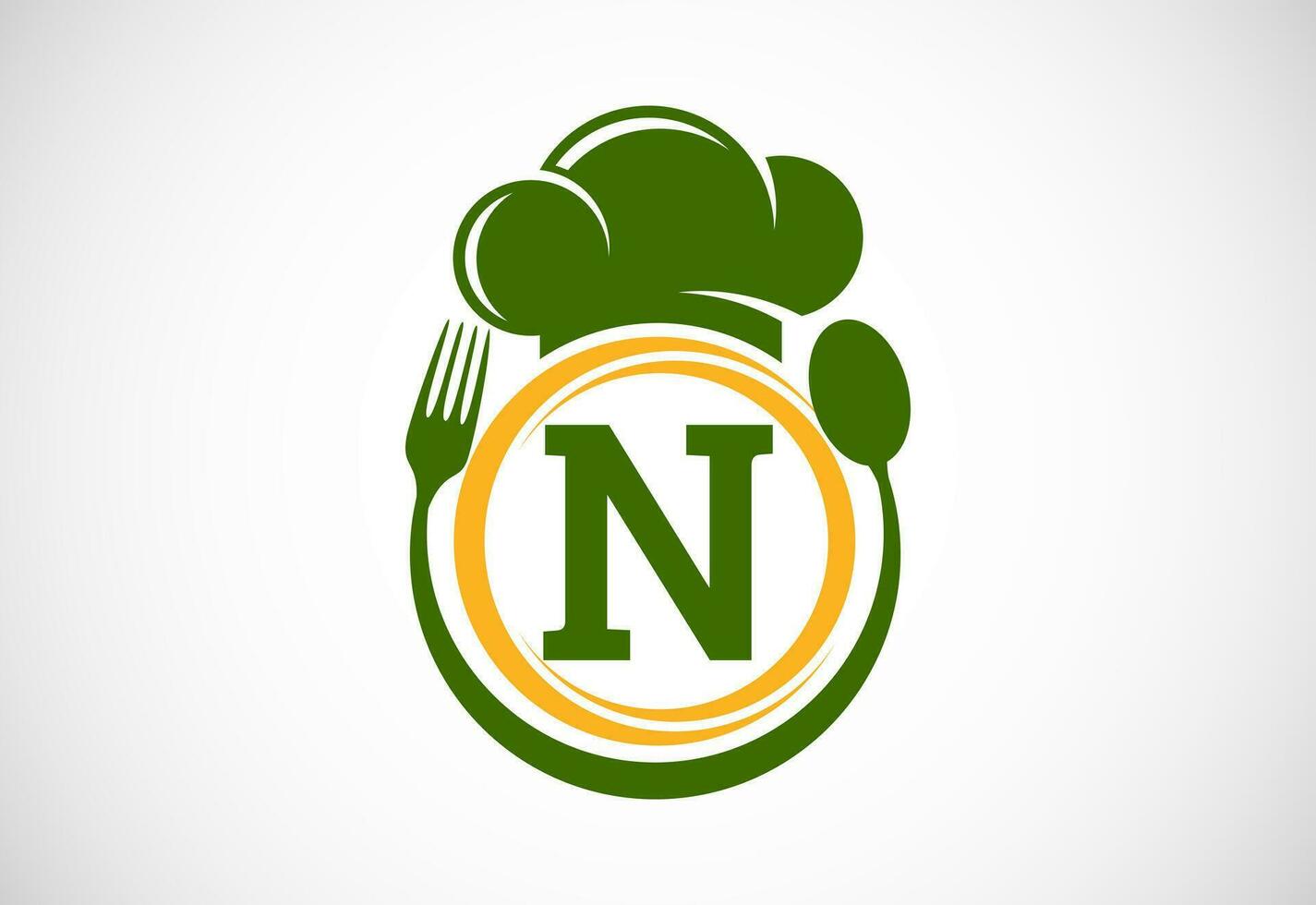 inicial alfabeto norte con cocinero sombrero, cuchara y tenedor. moderno vector logo para cafetería, restaurante, Cocinando negocio, y empresa identidad