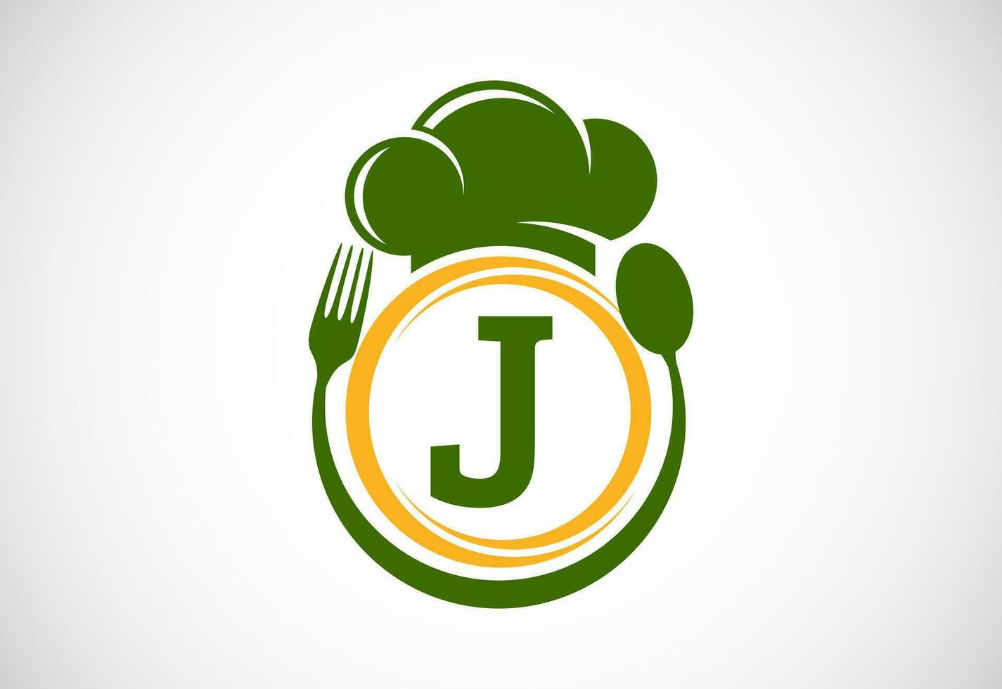 inicial alfabeto j con cocinero sombrero, cuchara y tenedor. moderno vector logo para cafetería, restaurante, Cocinando negocio, y empresa identidad