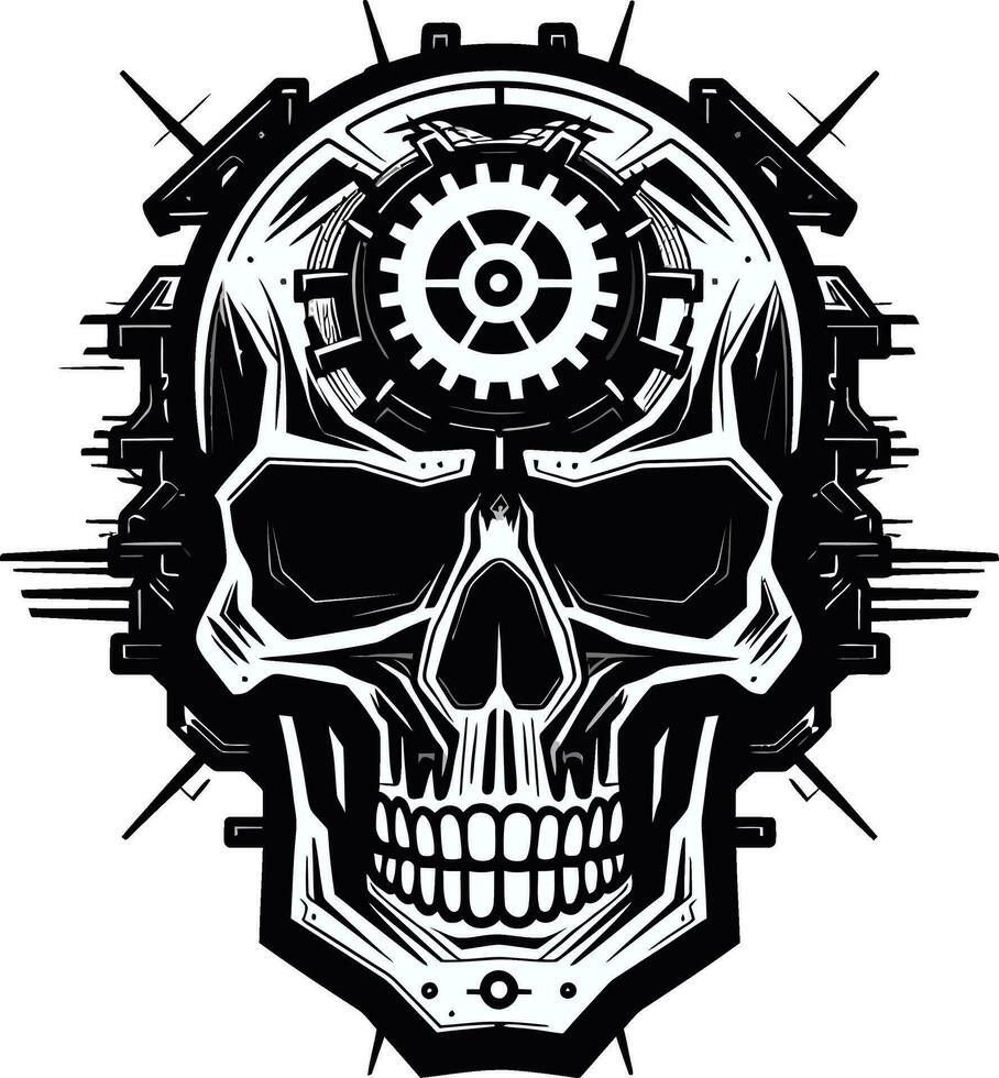 Sleek Mechanical Skull in Monochromatic Mastery Abstract Cyber Skull Graphic The Heart of the Machine vector