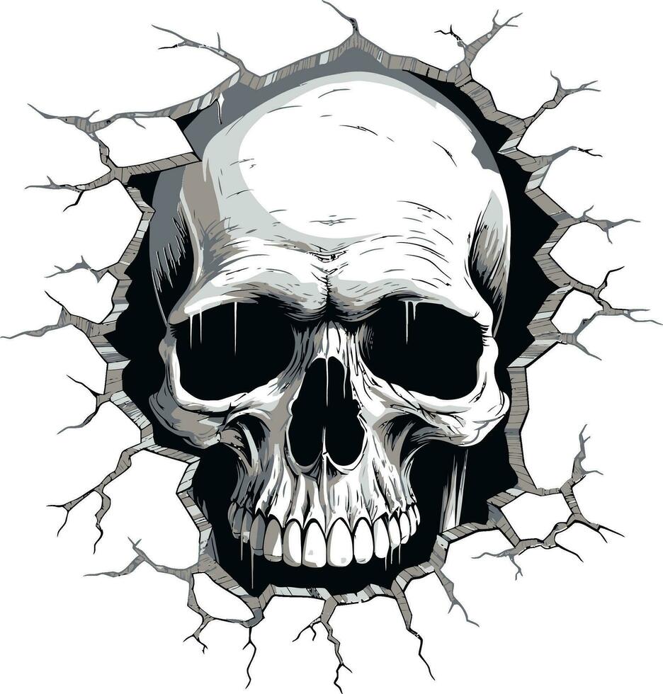 Intricate Wall Intrusion A Glimpse of the Hidden Skull Eyes in the Unknown A Cryptic Skull in Vector Design