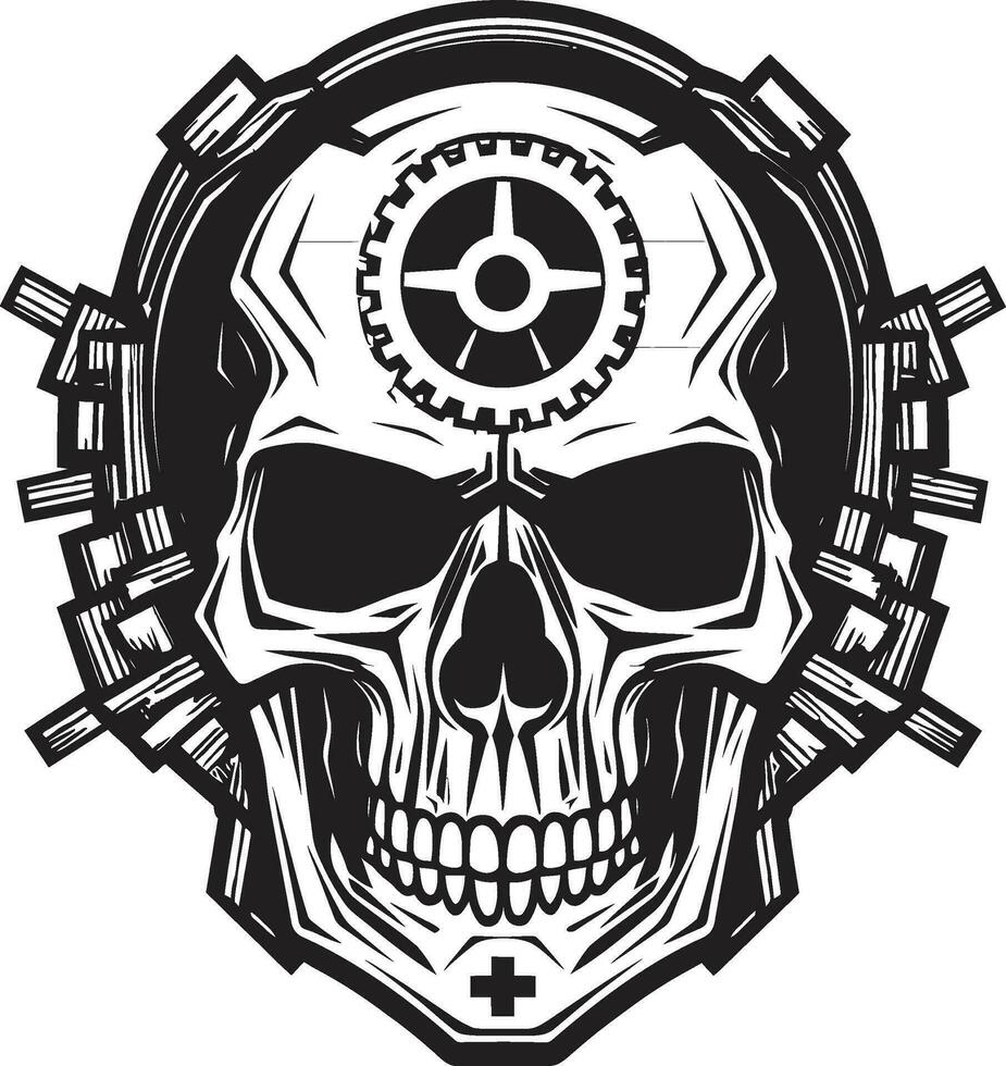 Elegant Black Skull Symbol The Nexus of Art and Tech Sleek Mechanical Skull in Monochromatic Mastery vector