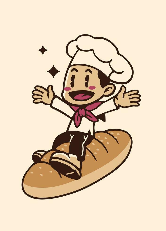 Happy Baker Flying with Bread in Vintage Style vector