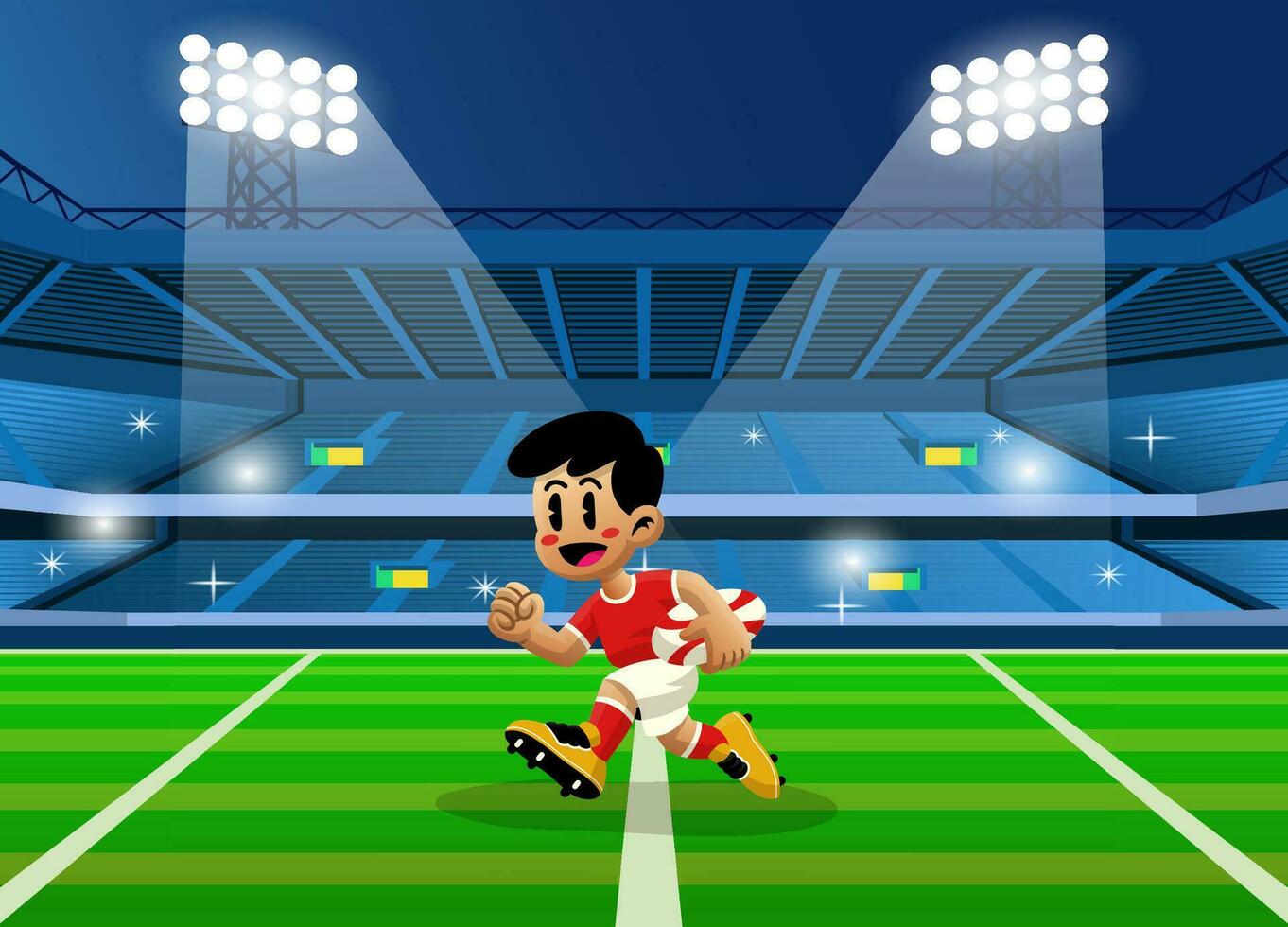 Cartoon Kid Athlete Playing Rugby in Stadium Night Scene vector