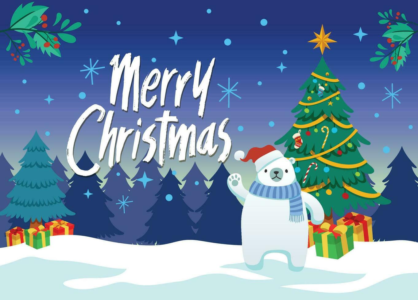 Happy Polar Bear in Winter Background and Christmas Tree vector