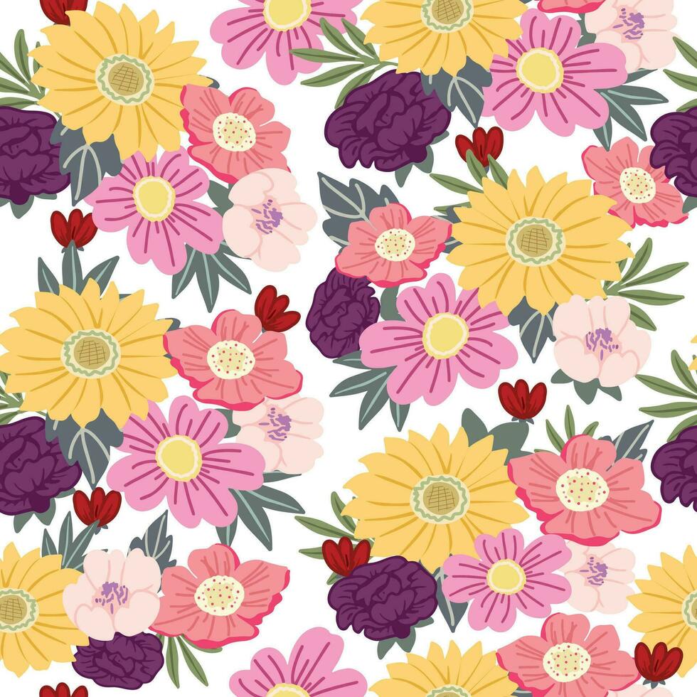 Blooming flower and leaf seamless pattern vector